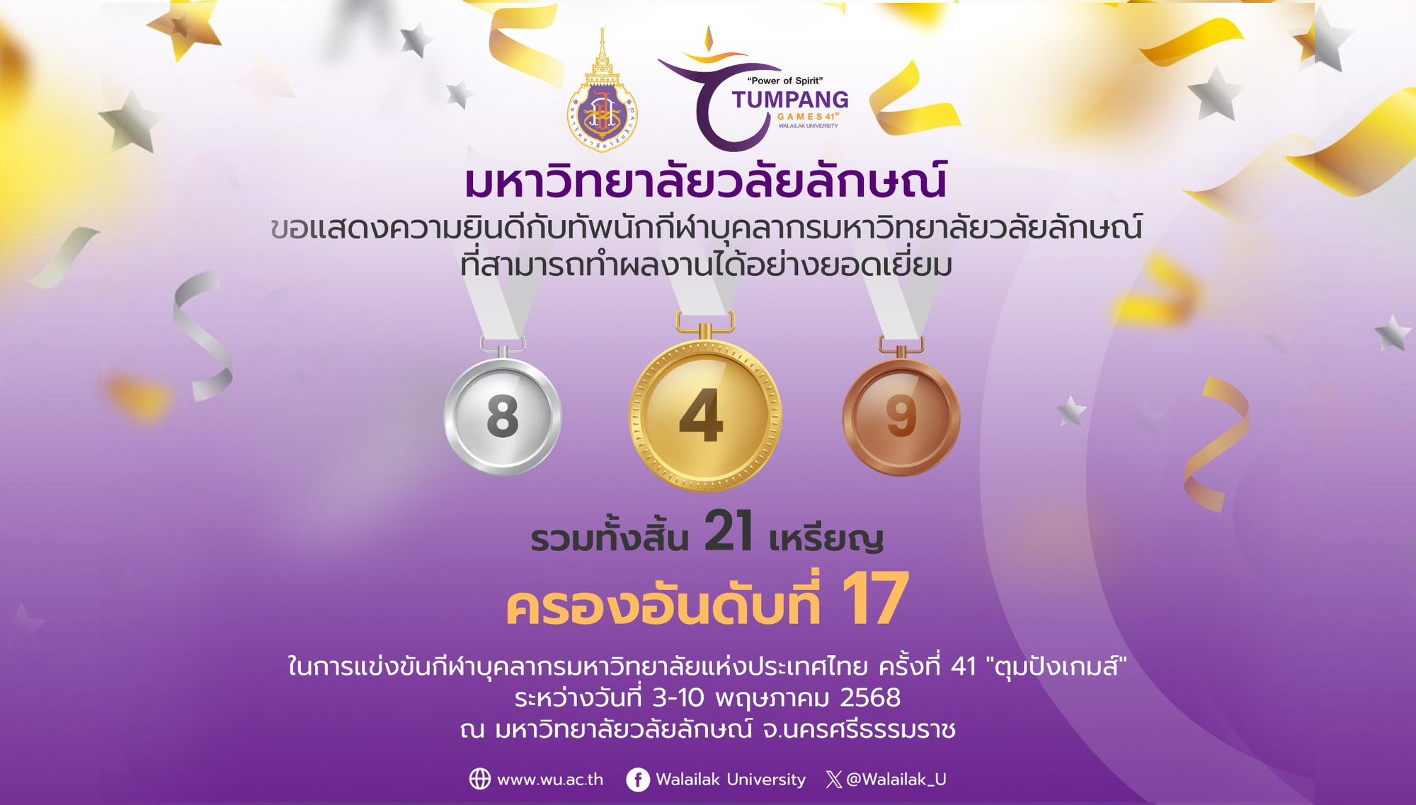 ยอดเยี่ยม! ทัพนักกีฬาม.วลัยลักษณ์ กวาด 21 เหรียญ “ตุมปังเกมส์”