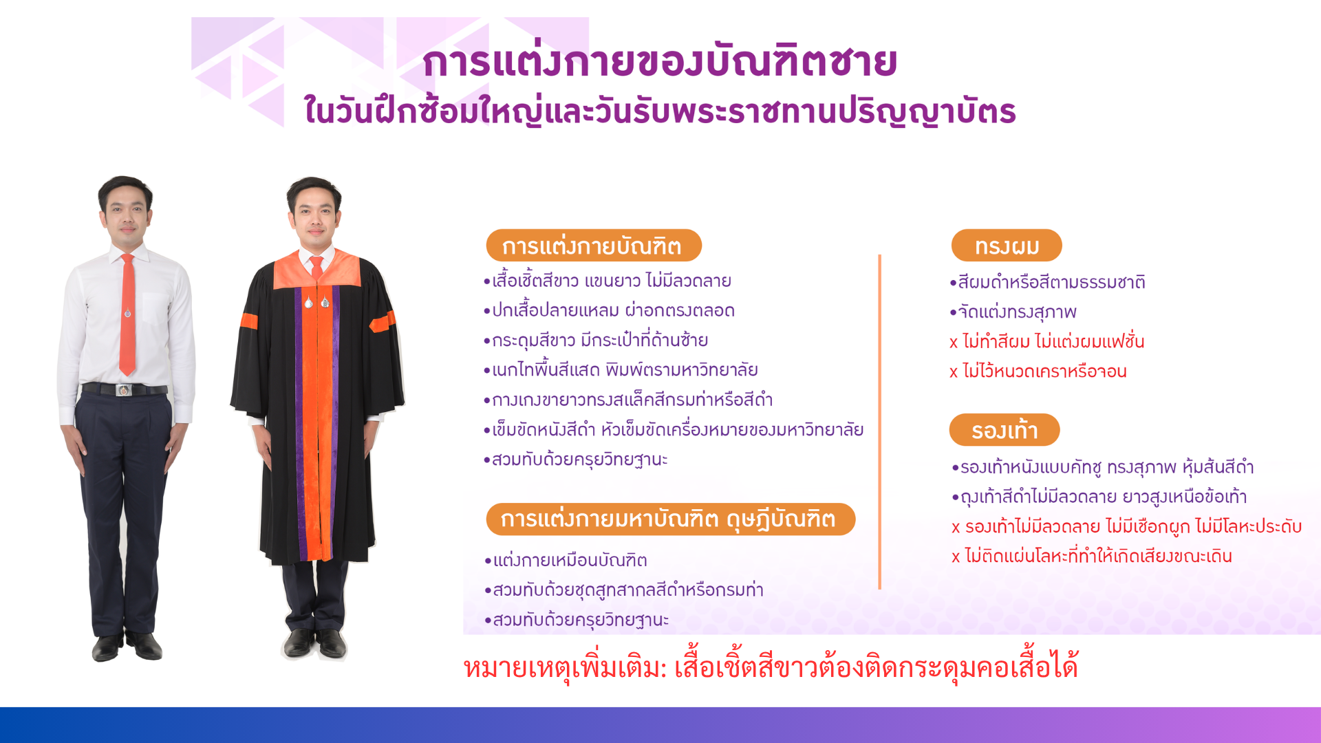 3 ประกาศมหาวิทยาลัยวลัยลักษณ์ เรื่อง การแต่งกายและข้อปฏิบัติสำหรับบัณฑิต มหาบัณฑิต และดุษฎีบัณฑิตที่จะเข้ารับพระราชทานปริญญาบัตรในพิธีรับพระราชทานปริญญาบัตรมหาวิทยาลัยวลัยลักษณ์ ประจำปีการศึกษา ๒๕๖๕